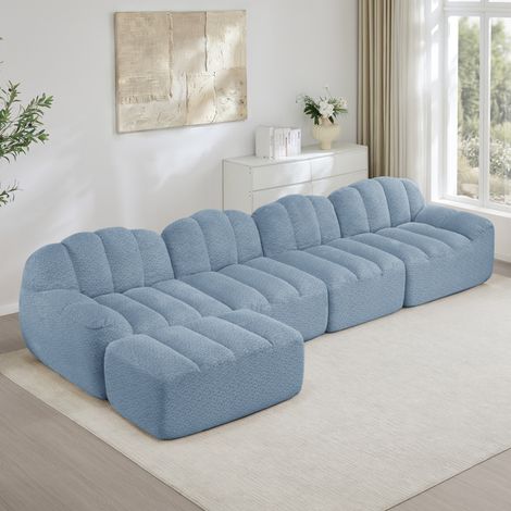Divano modulare 4 posti con 1 pouf, blu, schiuma ad alta densità 32D, tessuto morbido (1/5)