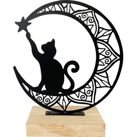 Piccola figura decorativa etnica di gatto/luna per la casa e da regalo in metallo e legno