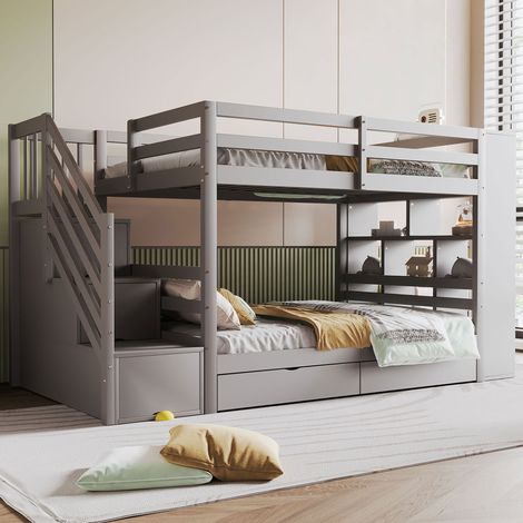 Kinder- und Jugend-Etagenbett 90 x 200 cm aus Kiefernholz, mit Sicherheitstreppe, Stauraumfächern, Stauraumschubladen, hohem Zaun und Lattenrost, Grau