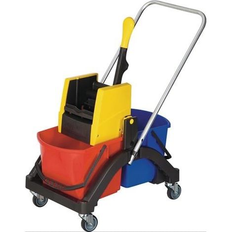 Ensemble chariot de nettoyage avec 2 seaux de 17 l et presse/poignée/support/5 balais en plastique. (1/4)