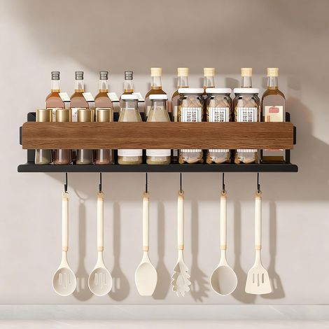 Étagère à Épices Bois Etagere Murale Cuisine Sans Percage avec 6 Crochets Large Support Rangement Ustensile en Noyer Montage Sans Perçage Ou Vis 40 cm (1/5)
