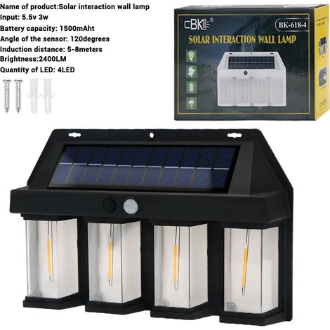 (Noir 4 LED) Applique murale solaire LED tungstène extérieure avec détecteur de mouvement, 3 ampoules, étanche, lanterne pour maison, jardin, cour, rue ou garage. (1/5)