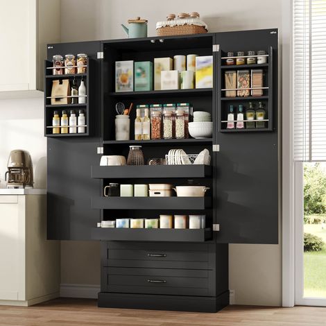 Mobile dispensa 80x37.5x180 cm, 3 ripiani estraibili, 2 cassetti, vani nelle ante, MDF nero (1/5)