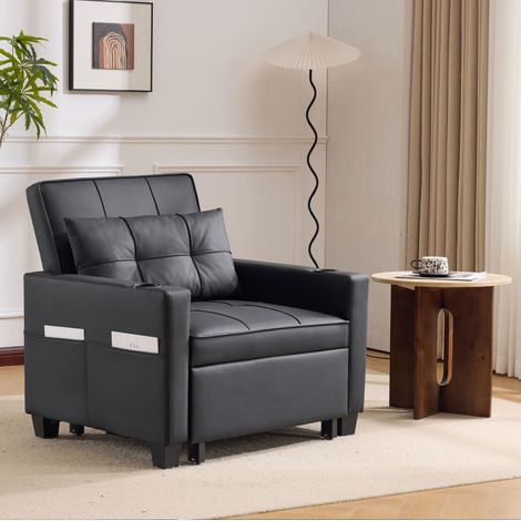 Divano letto singolo estraibile 74x87x84 cm, 3 in 1, schienale regolabile, tasca laterale, legno e metallo, nero (1/5)