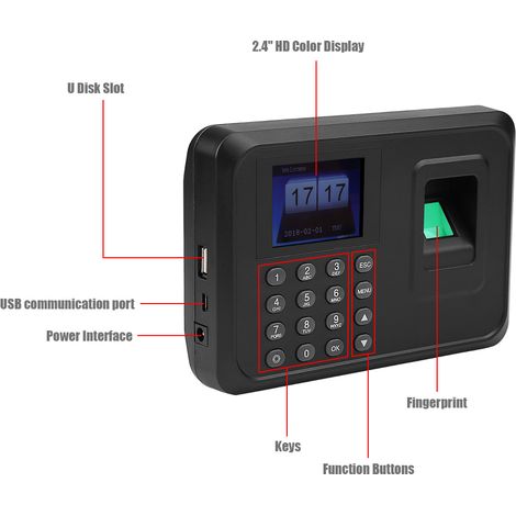 Pointeuse biométrique avec écran TFT 2,4 pouces, 100-240 V (prise australienne) (1/5)