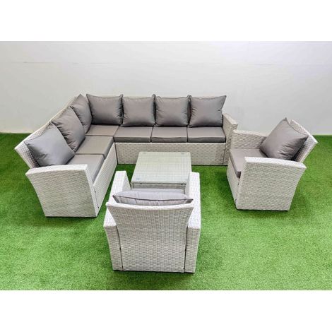 Fimous Outdoor Rattan Garden Furniture Set 8 Seater Corner Sofa Sets with Square Coffee Table 2 Chairs Light Grey Mixed (1/5)