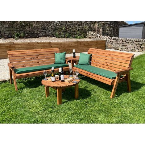 Six Seater Balmoral Corner Garden Furniture Set with Round Coffee - L240 x W284 x H98 cm - Green Cushion Included - Fully Assembled