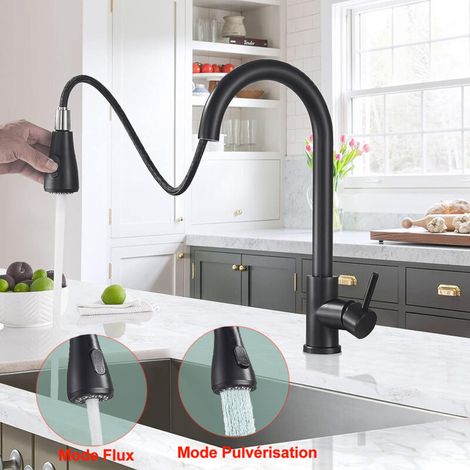 Robinet Cuisine Noir, Mitigeur Cuisine Douchette Evier Cuisine Pivotant à 360° d'Évier à Arc Élevé Pulvérisateur Escamotable 2 Modes, Robinet Evier Froid & Chaud Disponible, avec Tuyau (1/5)