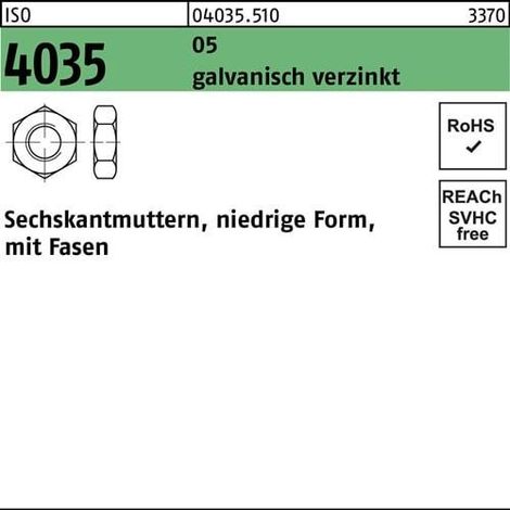 Ecrou hexagonal ISO 4035 bas chanfreiné M12 5 galv. 100 pièces