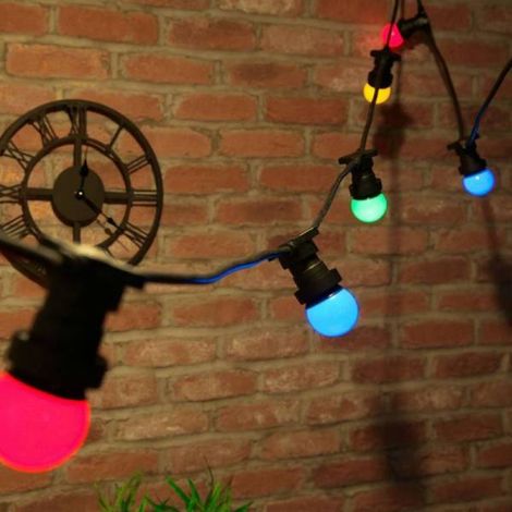 Guirlande lumineuse guinguette 10M et 20 ampoules LED multicolores E27 câble noir extensible extérieur IP44 (1/5)
