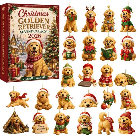 Calendrier de l'Avent Golden Retriever 2026 - 24 adorables ornements suspendus en acrylique 2D - figurines de chiens assorties pour décorer le sapin de Noël - cadeau festif pour les collectionneurs am (1/5)
