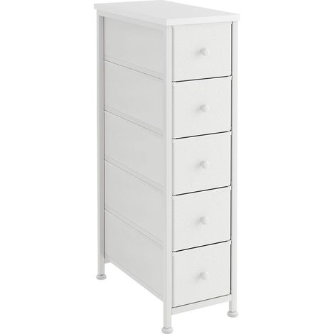 Commode étroite avec 5 tiroirs et étagère Ouverte, en Tissu Fin, Table de Chevet pour Petits espaces, pour Salon, Chambre à Coucher, Blanc (1/5)