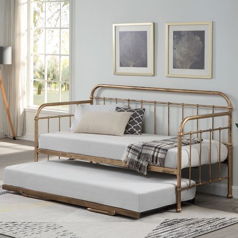 Ickleford Industrial Living Room Bedroom Metal Day Bed Frame w Trundle