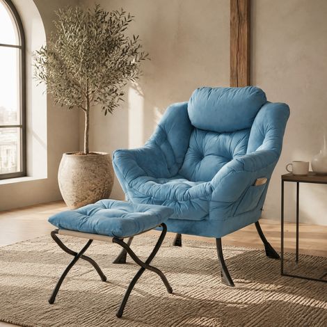 Fauteuil relax avec repose-pieds, accoudoirs et poche latérale, tissu bleu DESVIAE (1/5)