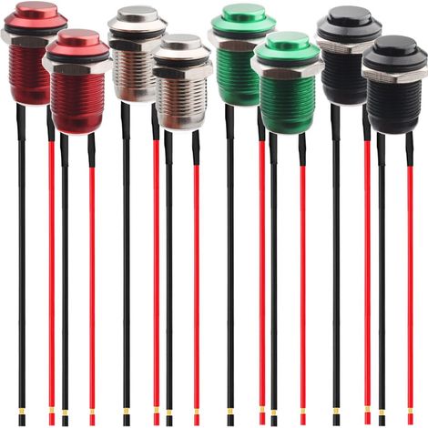 Lot de 8 boutons poussoirs étanches 12 mm - En métal - En acier inoxydable - 12 V - Pour klaxon, sonnette, voiture - Mini boutons ronds - Rouge, argent, vert, noir (tête haute) (1/5)