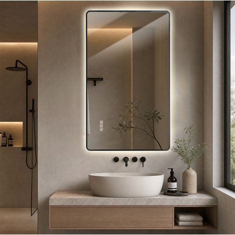 Specchio da bagno LED 100x60x3 cm in alluminio nero antiappannamento - MEUBLIV (1/5)