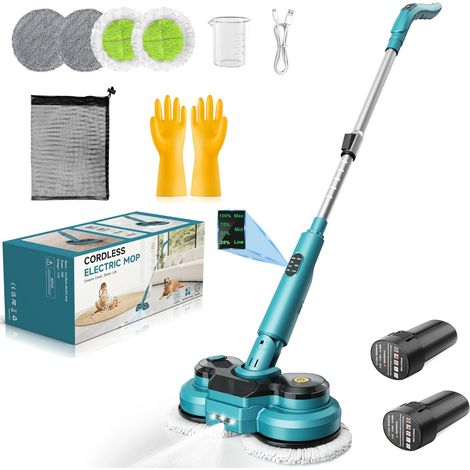 Balai Électrique Sans Fil avec 2 Batteries de 2000 mAh, Balai à Double Rotation avec Pulvérisateur/Phare LED/ Écran Intelligent,Serpillere Electrique avec Réservoir d'eau de 300 ML Pour Sols Multiples (1/5)