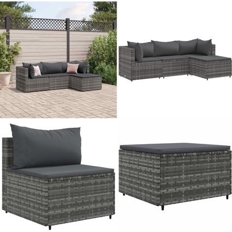 4-tlg. Garten-Lounge-Set mit Kissen Grau Poly Rattan - Gartengeset - Lounge Set - Gartenmöbel - Outdoor Möbel - Rattan Möbel - Home & Living
