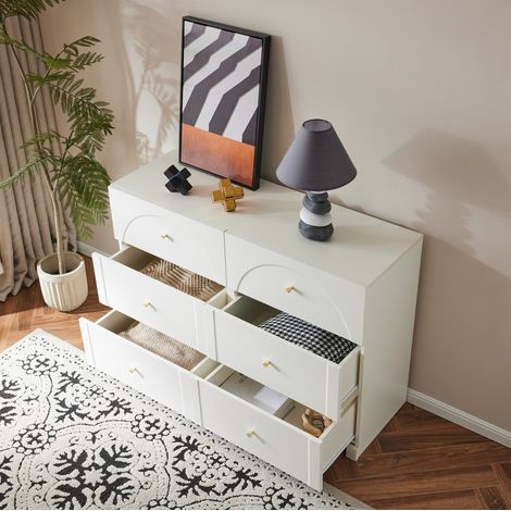 Commode 6 tiroirs 120x40x82 cm blanche en panneau de particules avec poignées métalliques et anti-basculement (1/5)