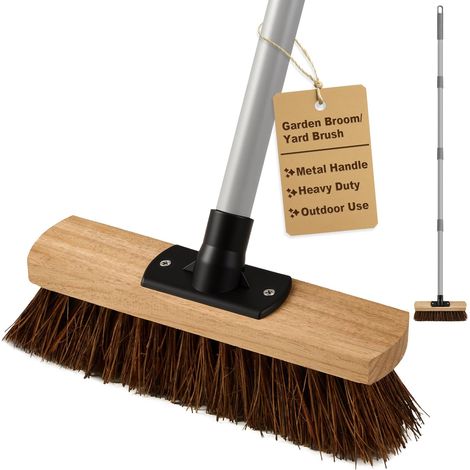 25 cm Gartenbesen mit langem Stiel (140 cm), Außenbürste mit natürlicher Arenga-Faser, verstellbarer Industriebesen zur Reinigung von Straßen, Böden, Höfen, Fabriken, Werkstätten und Garagen