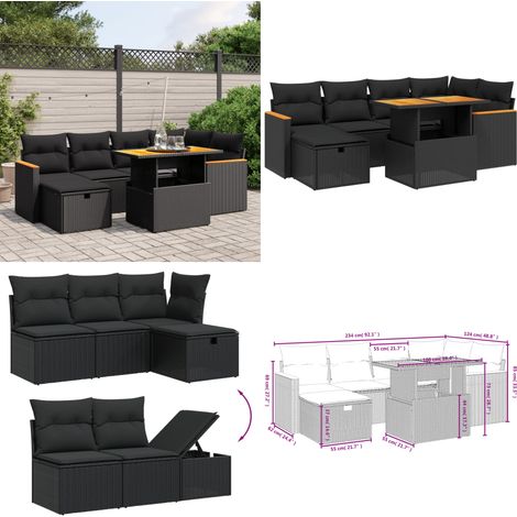 Salon de jardin 7 pcs avec coussins noir résine tressée - Ensemble Salon De Jardin - Mobilier Extérieur - Résine Tressée - Rotin Synthétique - Table Extensible - Home & Living (1/5)