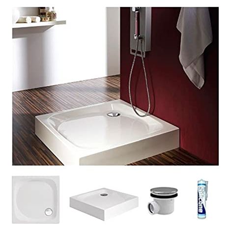 ECOLAM Receveur de Douche carré NewStyle Polimat 80x80 cm, Hauteur 16 cm, Profondeur 5 cm, Acrylique Blanc, Siphon, Silicone (1/5)