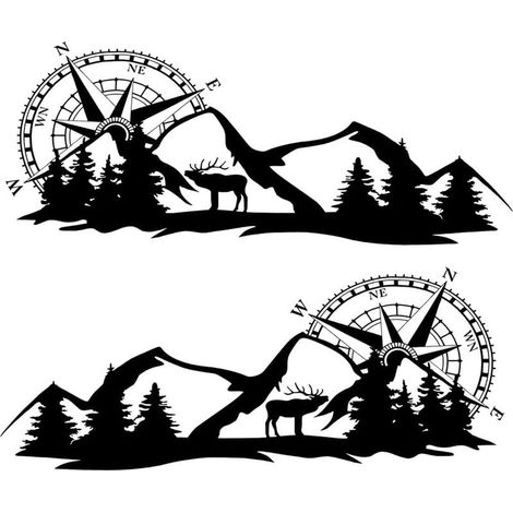 autocollants latéraux de voiture avec montagne, autocollants de voiture en PVC noir, boussole et modèle de cerf (1/4)