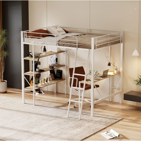 Hochbett 90x200 cm weiß aus Metall und MDF mit Schreibtisch und 3 Ablagen (1/5)