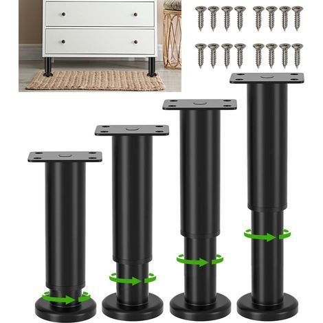 Lot de 4 pieds de meubles réglables en métal - Hauteur réglable - Pour armoire, meuble TV, lit, canapé, pieds, table de chevet, chaise d'apprentissage, salle de bain - Noir - 180 à 300 mm (1/5)