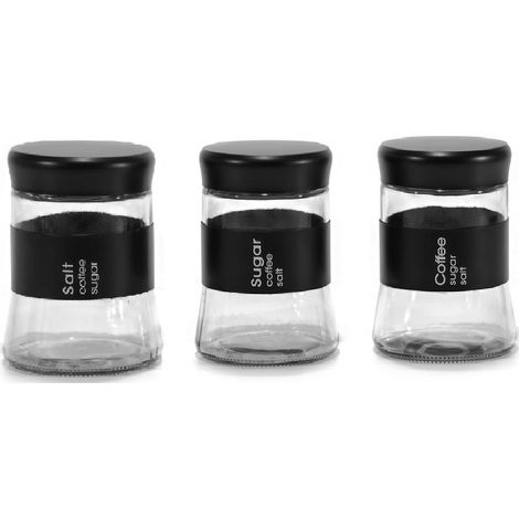 Set di 3 Barattoli in Vetro con Tappo Nero con Scritta Sale Zucchero Caffè PER Organizzare la Cucina (1/5)