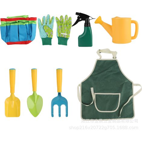 Coffret de jardinage pour enfants comprenant une pelle, un râteau, une bêche, un tablier, un sac fourre-tout, un arrosoir et des outils de jardinage. (1/5)