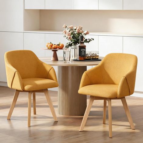 Lot de 2 chaises de salle à manger pivotantes 360° avec accoudoirs en tissu jaune et pieds en bois de hêtre massif (1/5)