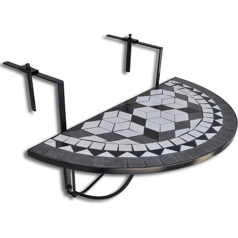 vidaXL Tavolo Sospeso da Balcone Nero e Bianco con Mosaico
