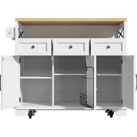 Isla de cocina blanca con ruedas 118x43x98 cm con almacenamiento multifuncional y mesa abatible (1/5)