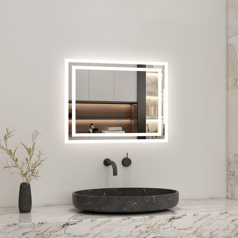 LED Badspiegel Lichtspiegel Wandspiegel Lichtspiegel Badezimmerspiegel mit Beleuchtung Touch-Schalter, 60 x 50 cm Beschlagfrei+Kaltwei (1/5)
