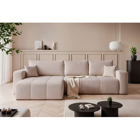 Ecksofa Schlafsofa Sofa LEROS XL in Stoff Manila Beige Ottomane Links