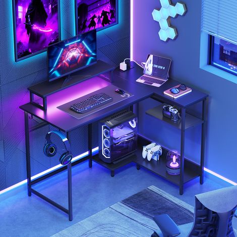 L-förmiger Gaming-Schreibtisch 110x80cm, mit RGB-Licht, Steckdosen, Monitorhalter, Haken und Ablage, passend für Homeoffice, schwarz (1/5)
