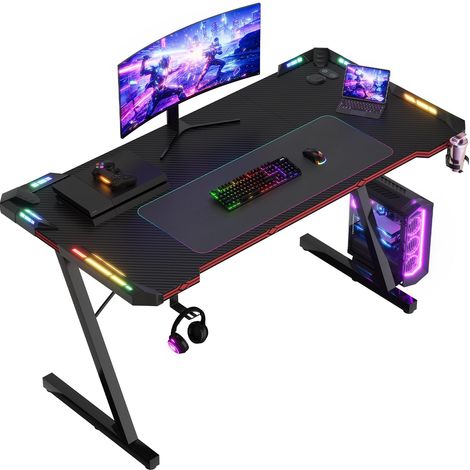 Bureau Gaming RGB 140x60cm, Carbone Anti-Rayures, LED, Noir (1/5)