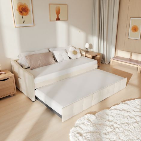 Lit gigogne 90/180x200 cm avec sommier, 2 en 1, Canapé-Lit extensible 2ème lit, Bois massif, Lit Simple/Double, Velours, Beige (1/5)