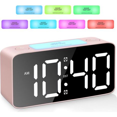 Réveil numérique - Réveil - Veilleuse RGB - Réveil électronique avec grand écran - Alimentation USB - Réveil de bureau - Réveil de chevet - Rose - ABS rose (1/5)