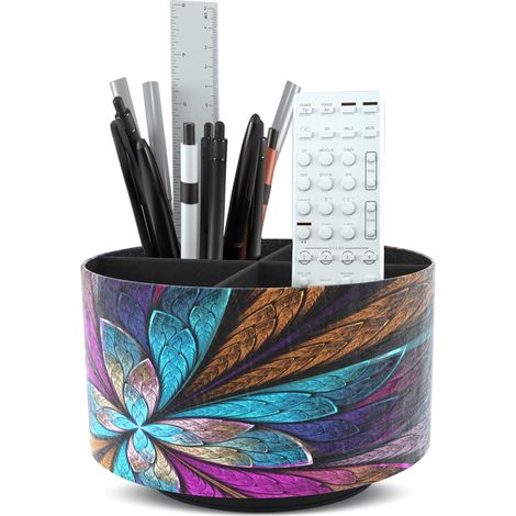 Drehbarer Fernbedienungsständer – 4 Fächer – PU-Leder und MDF – 360°-Drehung – Wohnzimmer und Büro – Fraktales Blumenmuster (1/5)