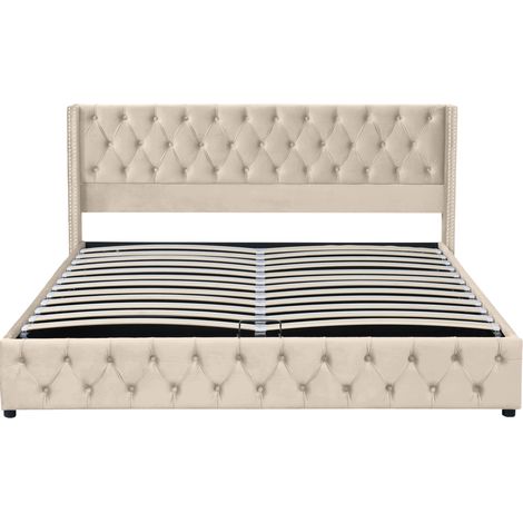 Lit capitonné Chesterfield beige en velours avec coffre de rangement hydraulique (1/5)