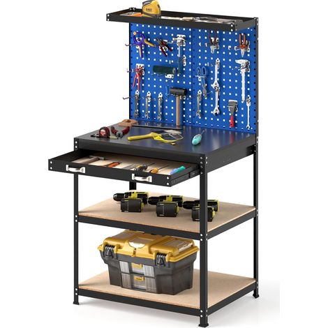 GOPLUS Établi Atelier Garage avec Panneau Perforé, Table de Travail avec 20 Crochets à Outils, Tiroir et Etagères Ouvertes, Station de Travail Robuste de 225 kg pour Garage, Atelier, Entrepôt (Bleu) (1/5)