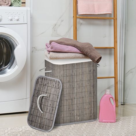 Cesto portabiancheria slim in bambù con coperchio 83 L grigio (1/5)