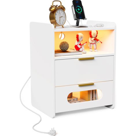 Haloyo® Set di 1 comodini con due cassetti, comodino, prese CA, decoro in legno, per soggiorno, camera da letto, ufficio, 50x40x64cm, bianco (1/5)