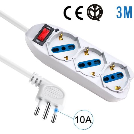Multipresa Ciabatta Elettrica Cavo 3M Con 3 Posti Prese Universale 10/16A Schuko e Interruttore Spina 10A Laterale Bianco (1/2)