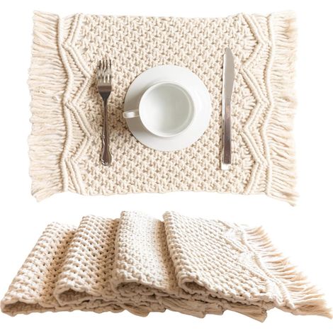 sets table en macramé bohème tissés à la main à franges ferme modernes pour à manger cuisine dé lot de 4 (1/4)
