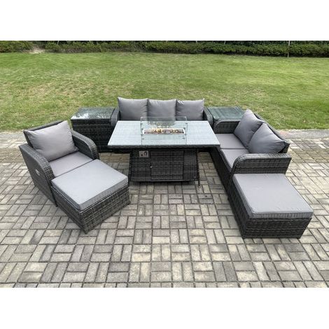 Fimous Polyrattan Gartenmöbel Set Garten Sofa im Freien Gasfeuerstelle Esstisch und Sofa Sessel set mit 2 Beistelltischen 2 hohen Hockern (1/5)
