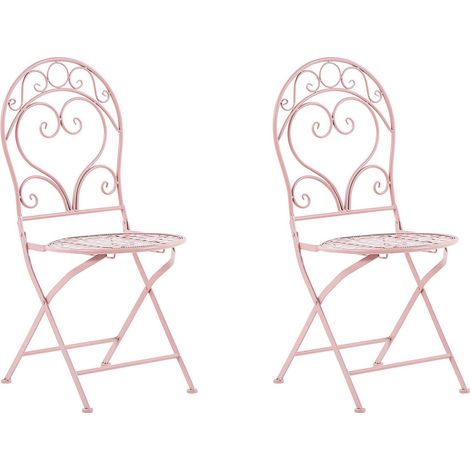 Lot de 2 Chaises Bistrot Pliantes en Métal Rose avec Ornaments Décoratifs pour Jardin Terrasse ou Balcon au Style Classique et Romantique Beliani (1/5)