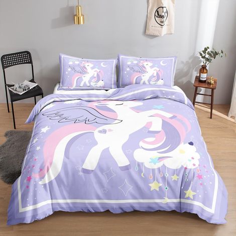 Ensemble de literie 135x200 cm avec licorne et arc-en-ciel, microfibre, fermeture éclair